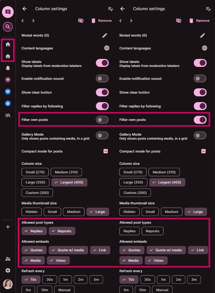 Screenshot of deck.blue column settings. The first column is the default Home column, where I include my own posts (filter own posts = off), and include replies and reposts. The second column is a modified Home column, where I exclude my own posts, replies and reposts, making it a "post only" column from those I follow.