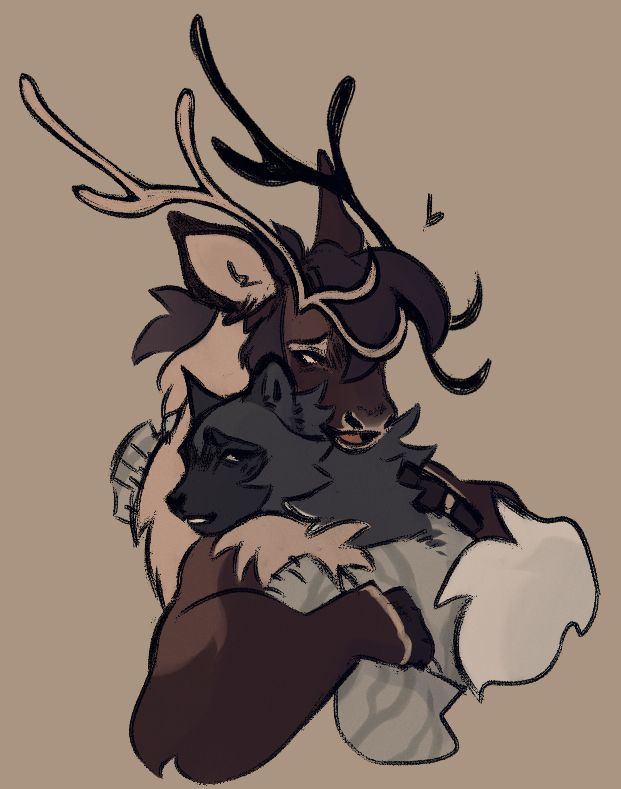 Brown Caribou hugging a Grey akita, Anthro.