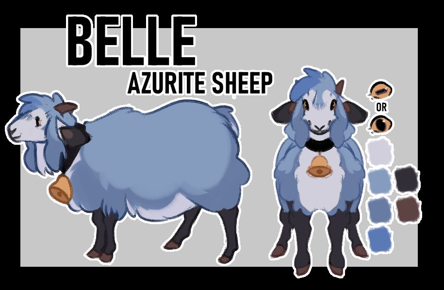 Blue black and white sheep with a yellow bell collar