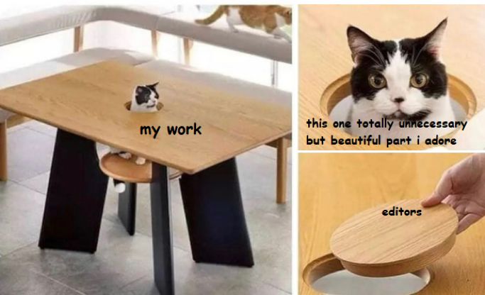 a cat popping it’s head up through a cutout of a dining table. There’s a picture of the table and cat, a closeup of the cat peering through the table, and a picture of a hand holding a lid to close up the hole. The shot of the table is labeled “my work,” the shot of the closeup of the cat is labeled “this one totally unnecessary but beautiful part I adore,” and the hand holding the lid poised to close up the hole is labeled “editors.” 