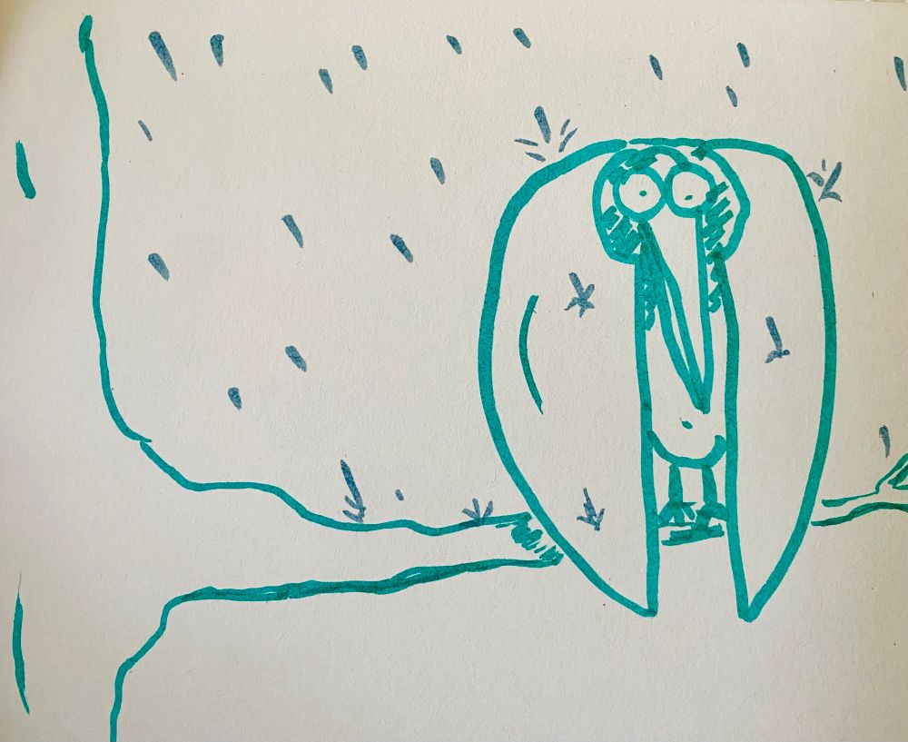 a cartoonish pterodactyl sitting on a branch with huge eyes getting rained on