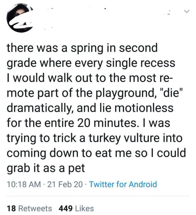 Screenshot of a Twitter post I found on that reads: there was a spring in second grade where every single recess I would walk out to the most remote part of the playground, “die” dramatically, and lie motionless for the entire 20 minutes. I was trying to trick a Turkey vulture into coming down to eat me so I could grab it as a pet.