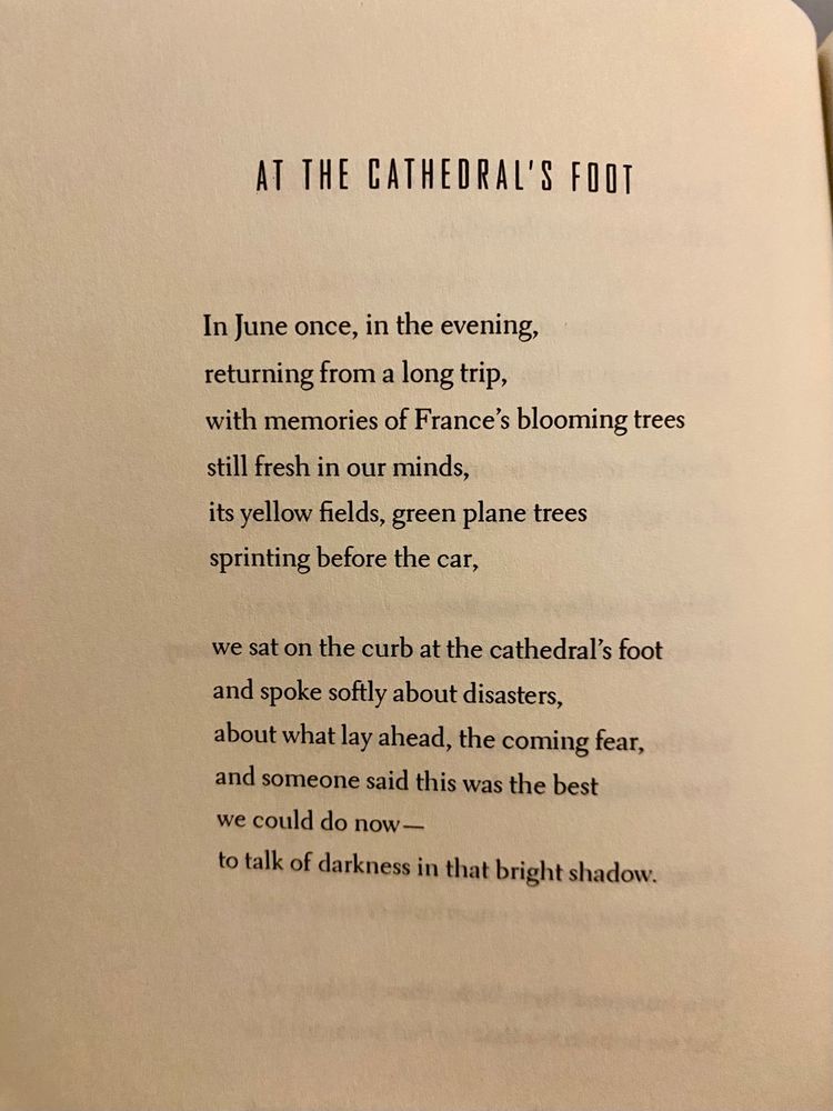 At the Cathedral’s Foot

In June once, in the evening,
returning from a long trip,
with memories of France’s blooming trees
still fresh in our minds,
its yellow fields, green plane trees
sprinting before the car,

we sat on the curb at the cathedral’s foot
and spoke softly about disasters,
about what lay ahead, the coming fear,
and someone said this was the best
we could do now—
to talk of darkness in that bright shadow. 