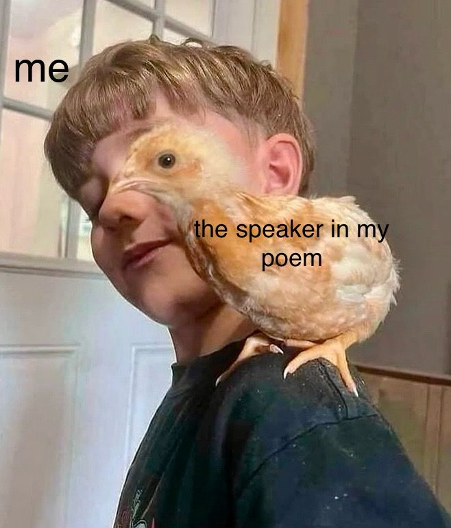 a boy with a chicken on his shoulder but the chicken blends perfectly with his face and eye. the boy is labeled “me” and the chicken is labeled “the speaker in my poem”