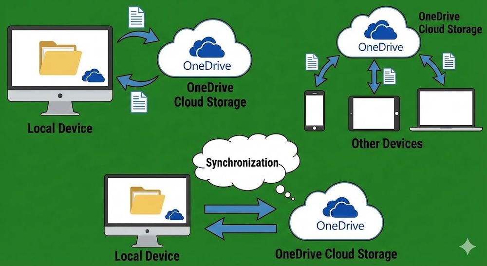 Illustration of OneDrive cloud storage synchronizing files across devices. A local computer sends and receives documents to a OneDrive cloud, which also exchanges files with a phone, tablet, and laptop labeled ‘Other Devices.’ A second local computer and cloud, connected by arrows and the word ‘Synchronization,’ show everything kept up to date