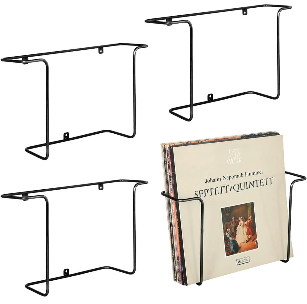 a product image of four wire shelves to hold records. the shelf in the bottom right hand corner shows the shelf filled with records.