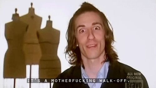 Screenshot from Project Runway of Daniel Vosovic exclaiming, "It's a motherfucking walk-off!"