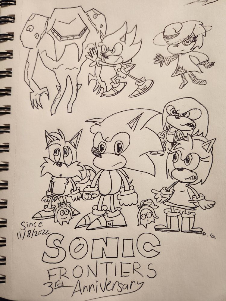 A drawing depicting Sonic, Tails, Amy, Knuckles, Sage, Super Sonic and Giganto.