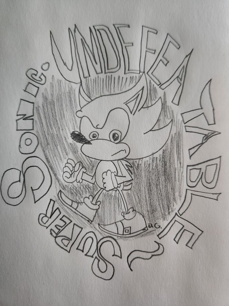A drawing of Super Sonic, surrounded by the text "UNDEFEATABLE ~ Super Sonic•".