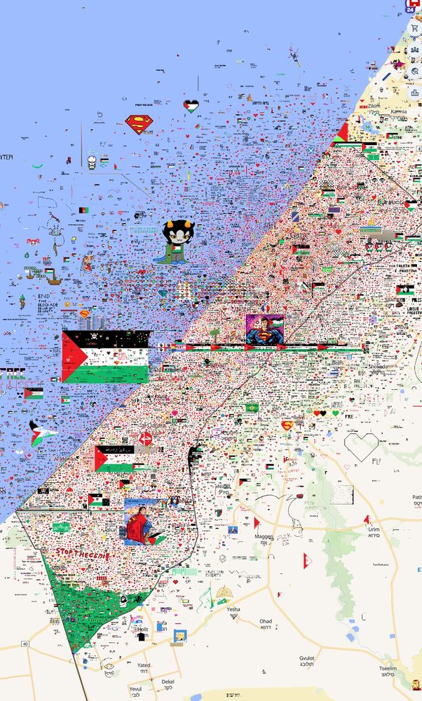 A map of Gaza covered in tens of thousands of hearts, palestinian flags, Supermans, and a single big Nepeta from Homestuck