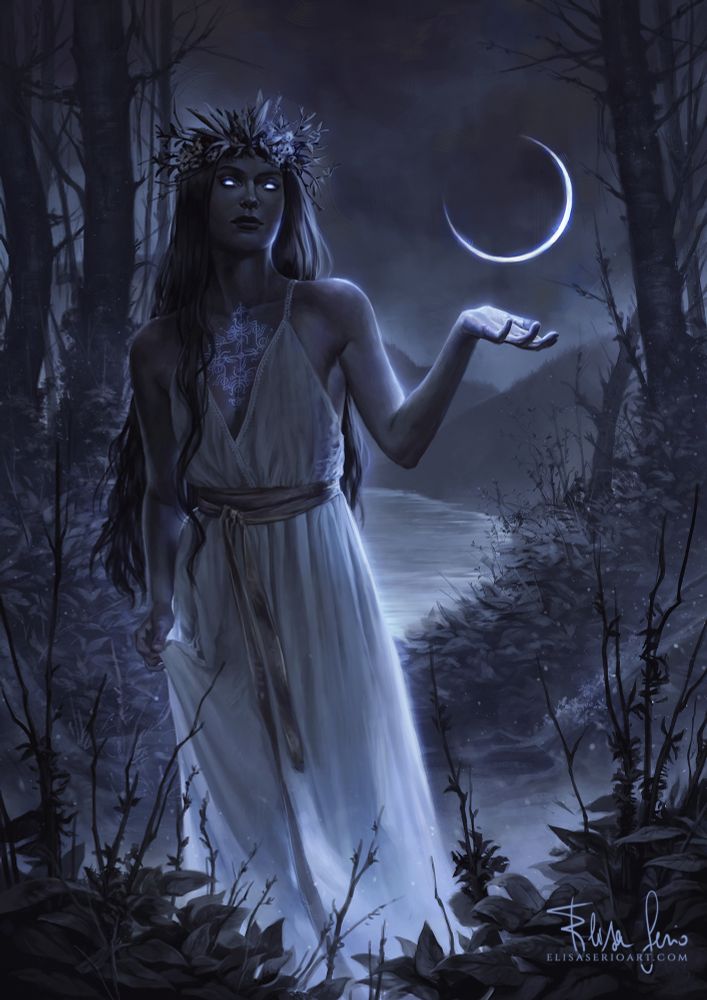 Nocturnal lady in front of a thin moon