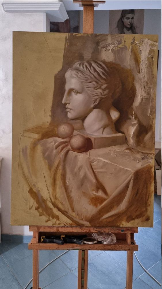 Still life painting with the bust of Venus