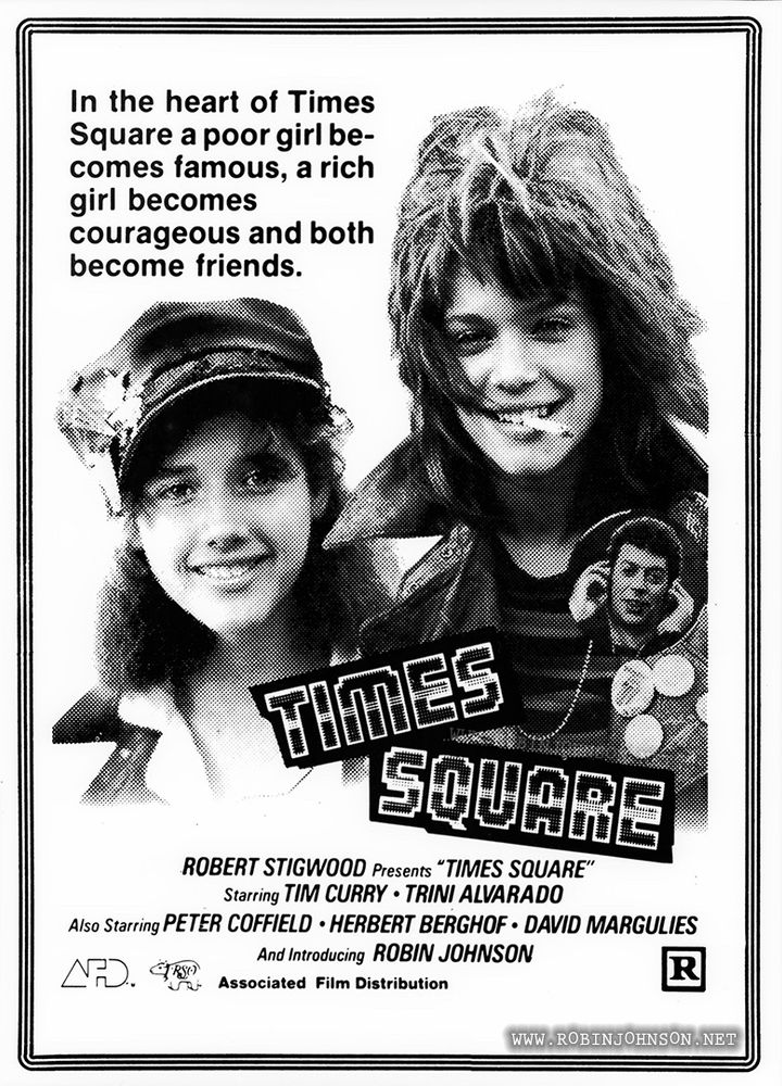 A newspaper advert for 1980's TIMES SQUARE. Tim Curry appears in a small button on Robin Johnson's jacket.