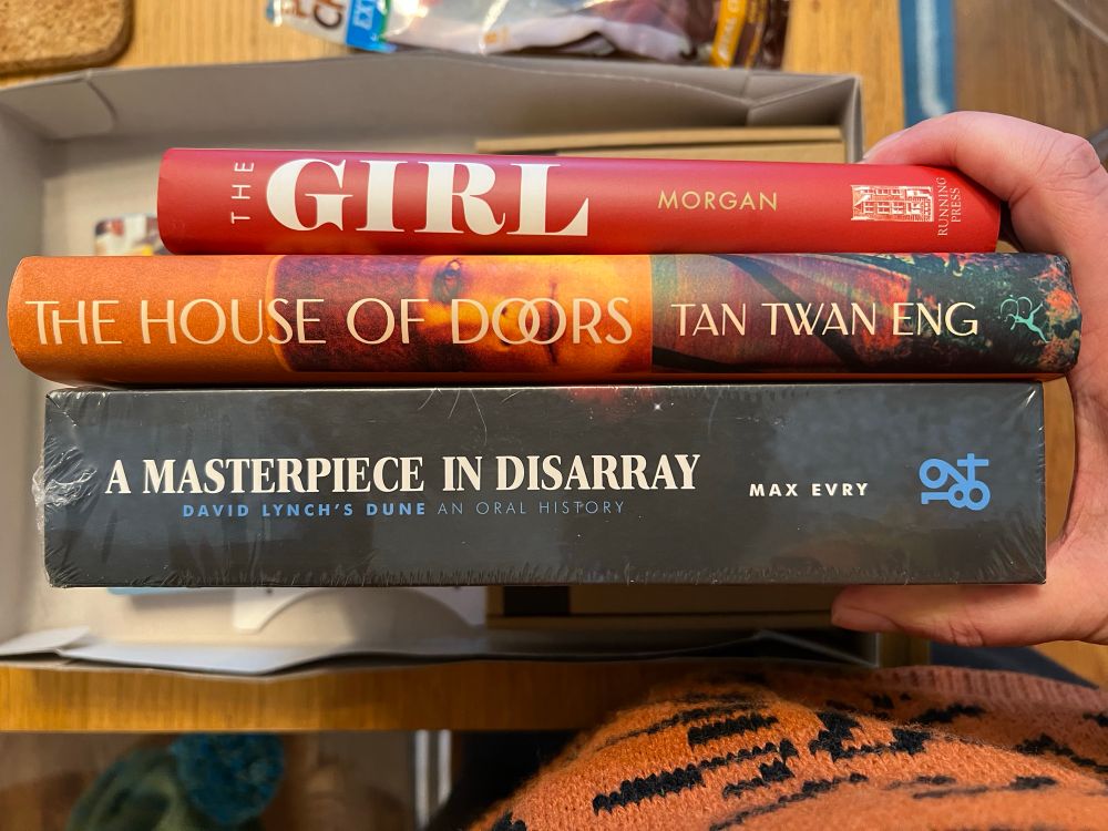 A stack of three books: The Girl, The House of Doors, and A Masterpiece in Disarray.