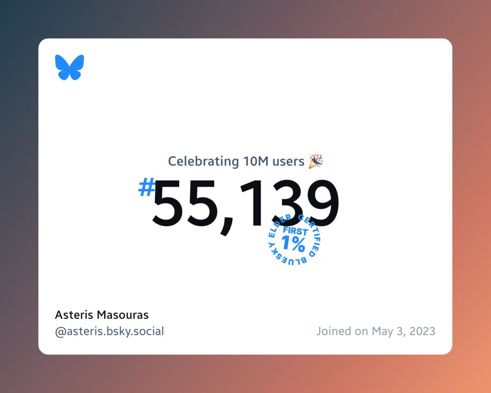 A virtual certificate with text "Celebrating 10M users on Bluesky, #55,139, Asteris Masouras ‪@asteris.bsky.social‬, joined on May 3, 2023"