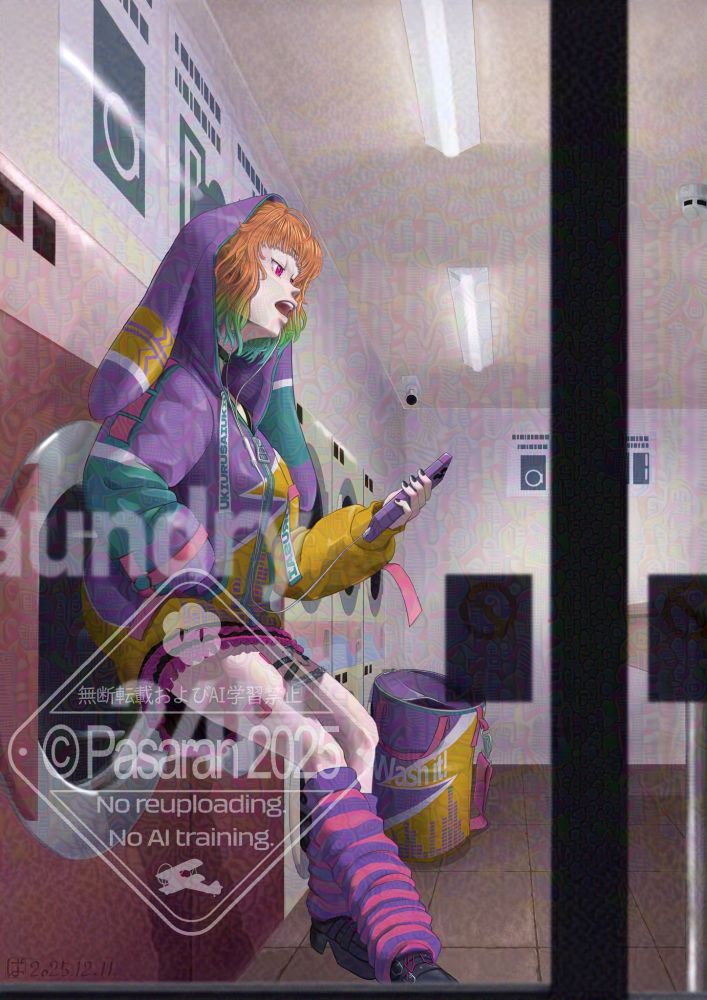 ある夜。コインランドリーで暇をしているtwitch配信者のうきさん、イヤホンでスマホの曲を聞いているなか、ふと流れた曲につい口ずさんでしまう、そんな瞬間のイラスト。