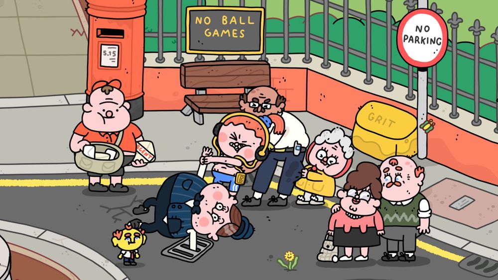 Cartoon tiré d’un jeu vidéo avec un monsieur dont le bras est coincé dans l’égout, trois personnes tire sur son autre bras et un couple et le facteur regardent la scène. Un tout petit bonhomme jaune regarde aussi.