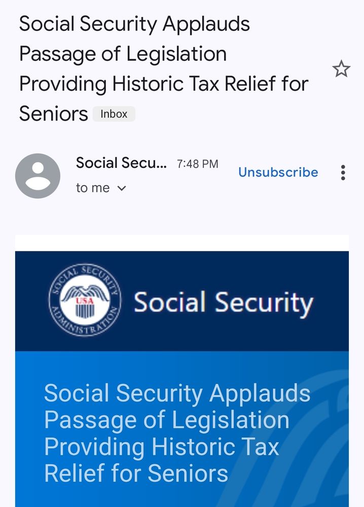 Screenshot of email received from the SSA that parrots the current regimes language on their "big beautiful bill".