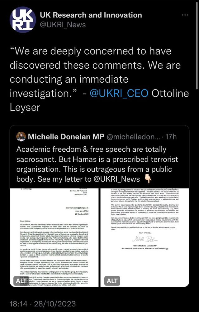 Screenshot of UKRI’s tweet promising an immediate investigation after Michelle Donelan wrote to the CEO about tweets by external members of a UKRI EDI advisory board