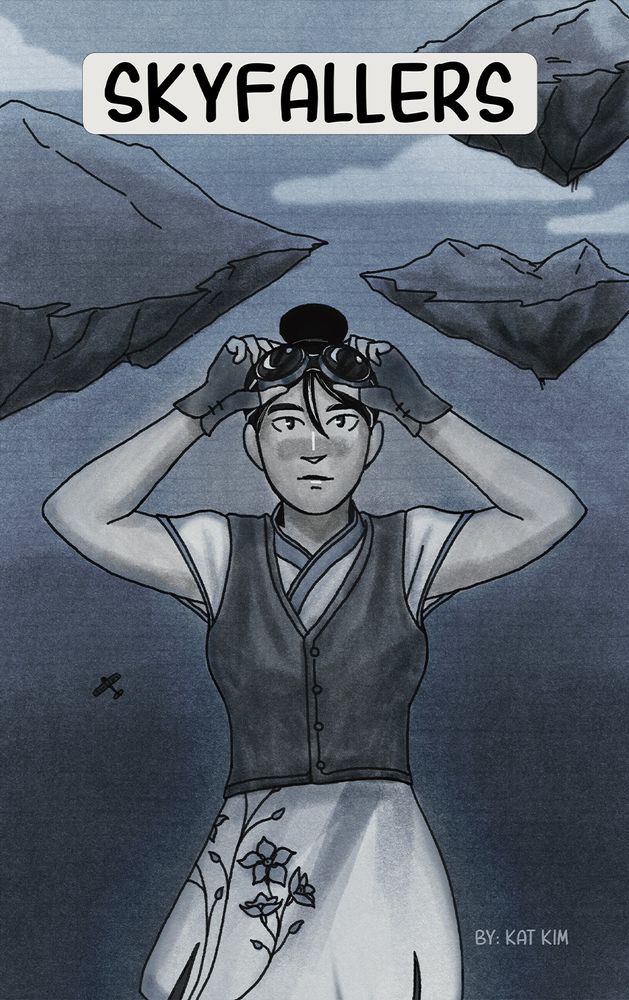A girl stands grasping her aviator goggles. Floating islands and clouds are in the background. A small airplane flies. "Skyfallers" By Kat Kim
