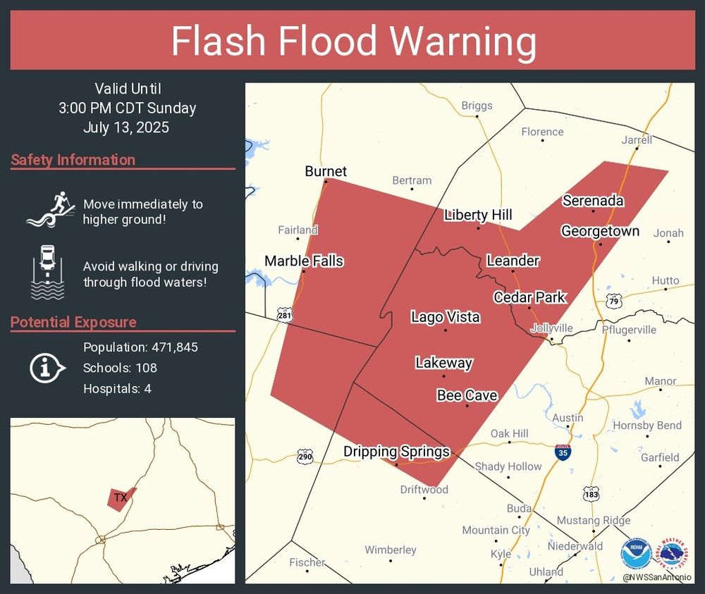 Images of a flash flood warning map for the Northwest Travis County portions of District 6 are included in the flash flood warning until 3:00 p.m.