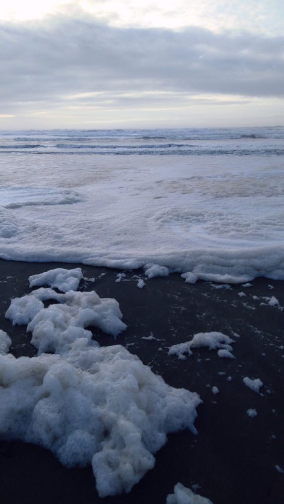 pacific ocean waves extend to sea foam with cloudy blue winter skies