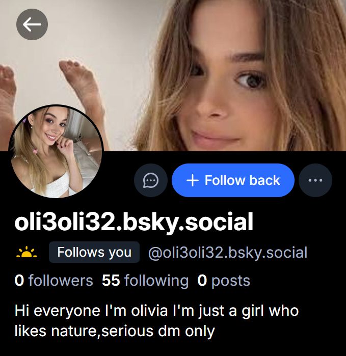 oli3oli32.bsky.social the bot's bio: Hi everyone I'm olivia I'm just a girl who likes nature,serious dm only