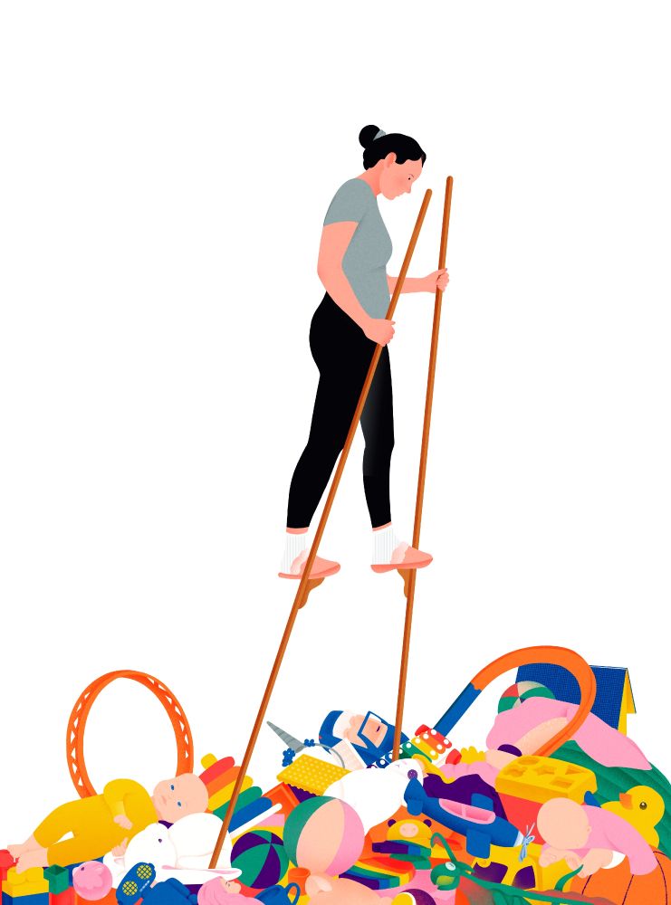 Editorial illustration by Diana Bolton, in which a mother on stilts traverses a sea of children's toys. 