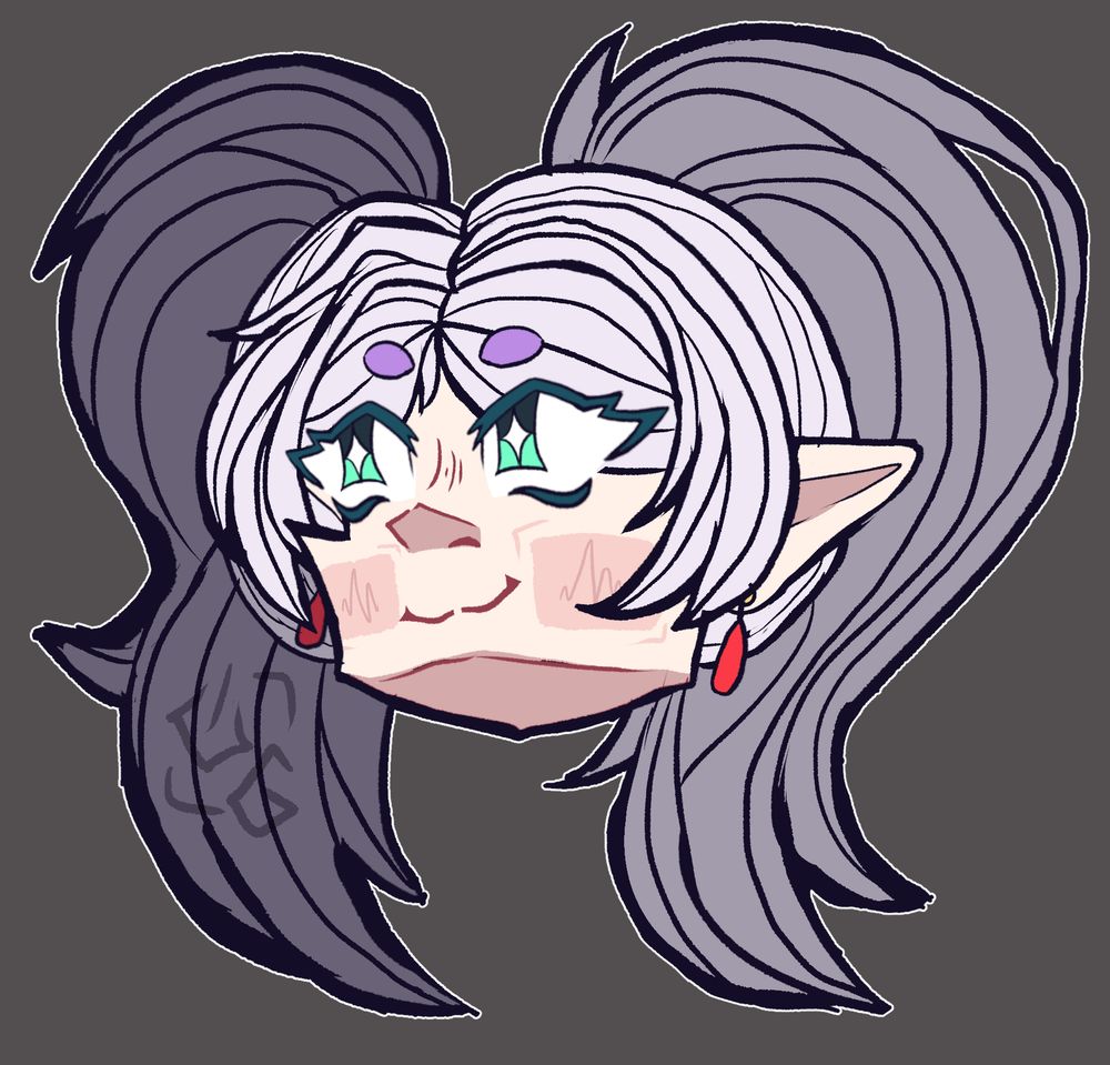 A sketch of Frieren looking at the top left of the canvas. She has teal eyes, lilac-silver twiltails and red earrings.