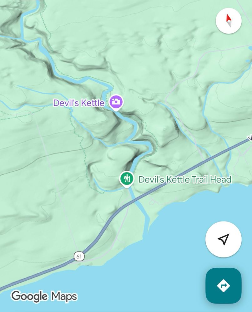 Map showing terrain with a river emptying into a super great body of water