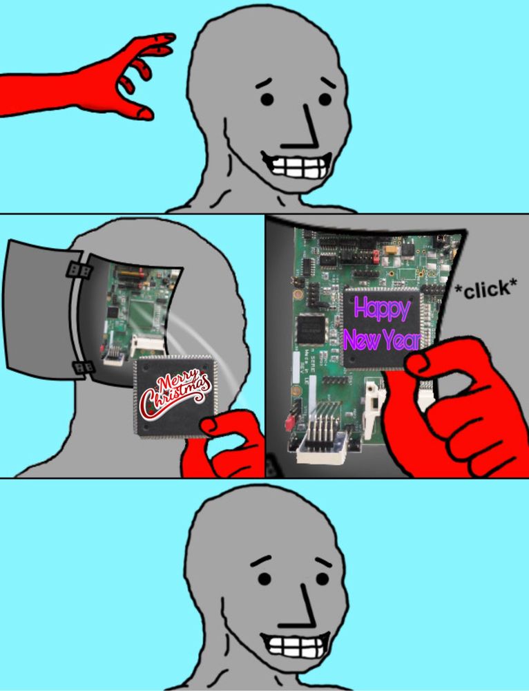 swapping brain chips meme, altered so the character is smiling instead of frowning, showing a “merry christmas” chip being replaced with a “happy new year” chip