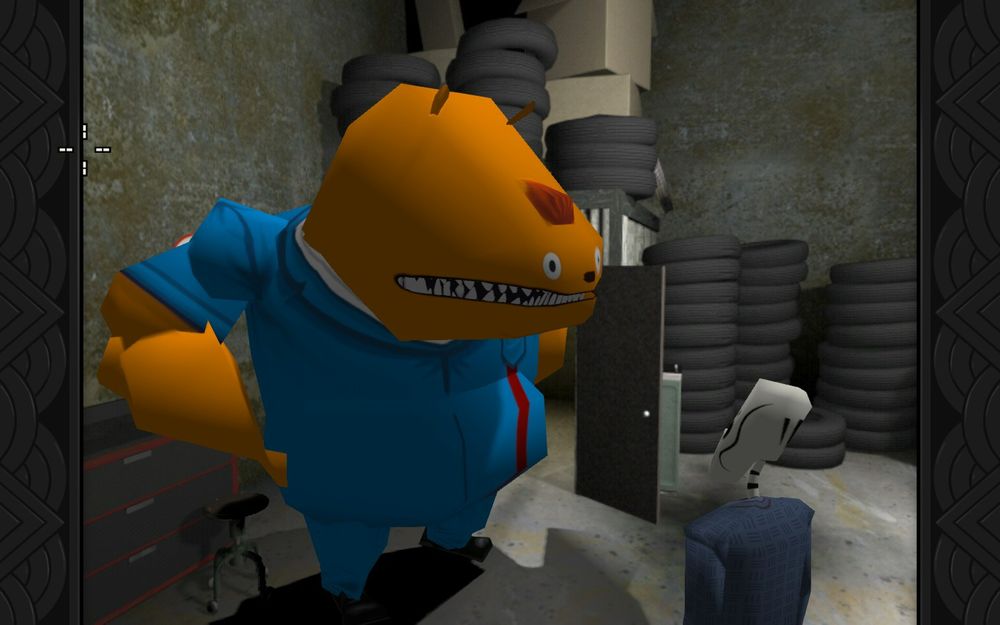 Glottis, a large orange monster, and Manny, a skeleton.