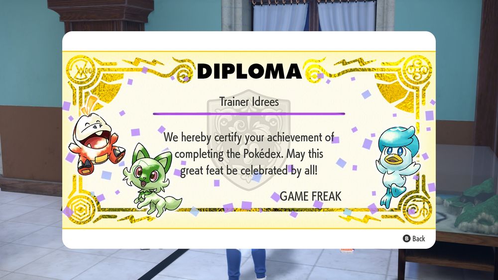 Pokémon Scarlet and Violet Pokedex completion diploma from Game Freak