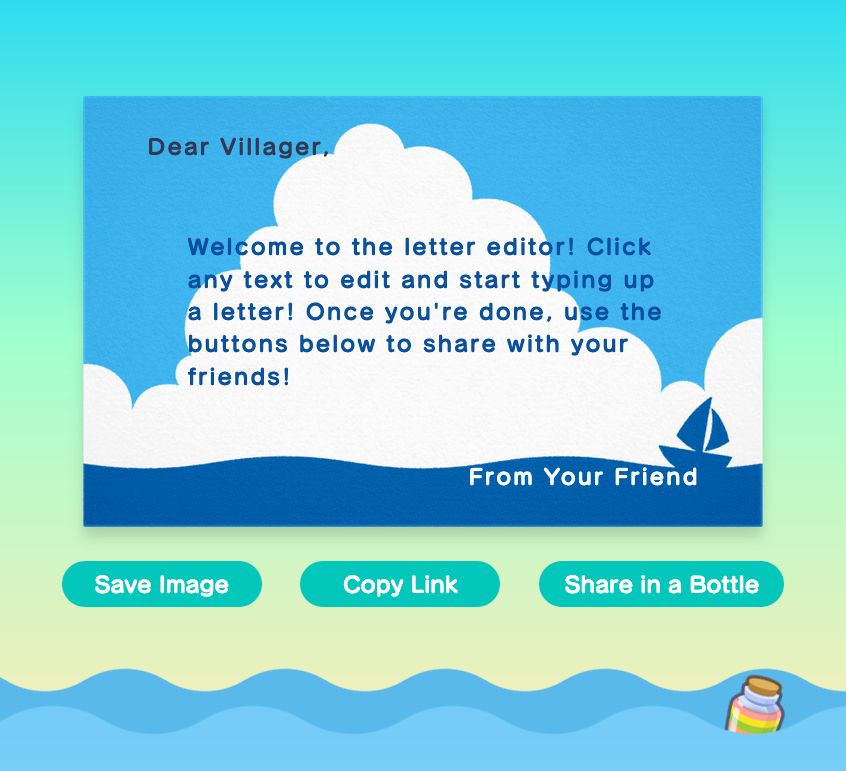 Animal Crossing Letter Editor showing a boat card with default text and buttons for sending the message below it