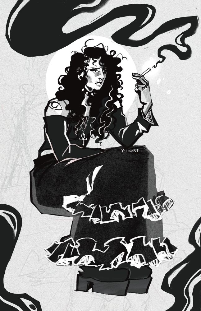 digital black and white illustration of a goth boy with long wavy hair. he wears a long ruffled skirt and platform boots. he is smoking, large black lines flow out of the cigarette.