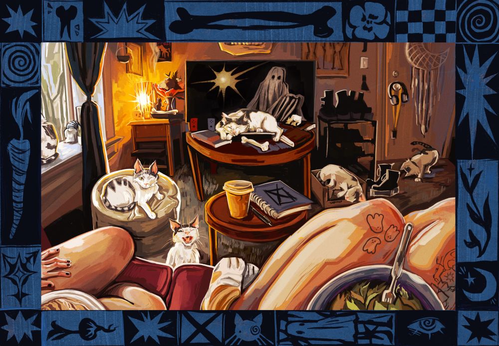a warm living room shows the perspective of a couple sitting together eating a meal of the couch. 6 multiples of the same cat scatter the living room. it is framed with a black and blue illustrated boarder