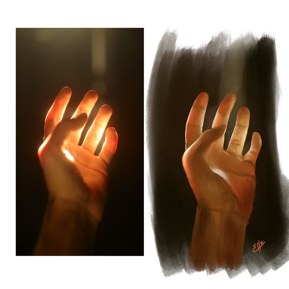 a white digital canvas with a photo of a sunlit hand on the left, and a painted  version on the left. 