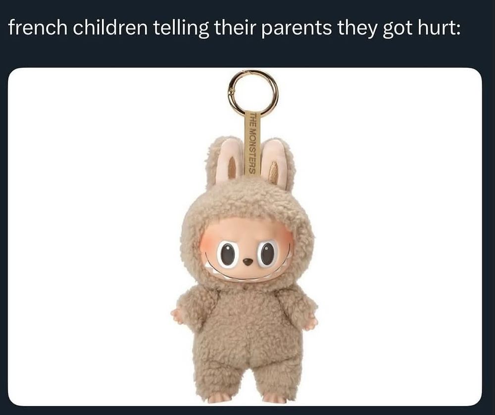 A picture of a tan Labubu keychain with the text "french children telling their parents they got hurt".