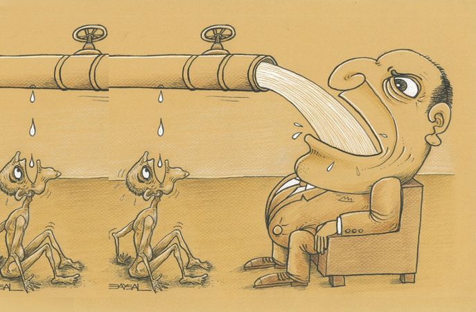 The meme of the greedy businessman drinking a deluge from a pipe with the famished man drinking the leaking droplets, but edited to have two identical famished men