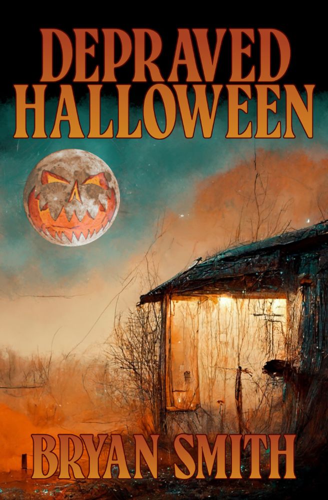 Depraved Halloween book cover. Depicts a rustic and creepy rural setting. The moon in the sky looks like a pumpkin face.
