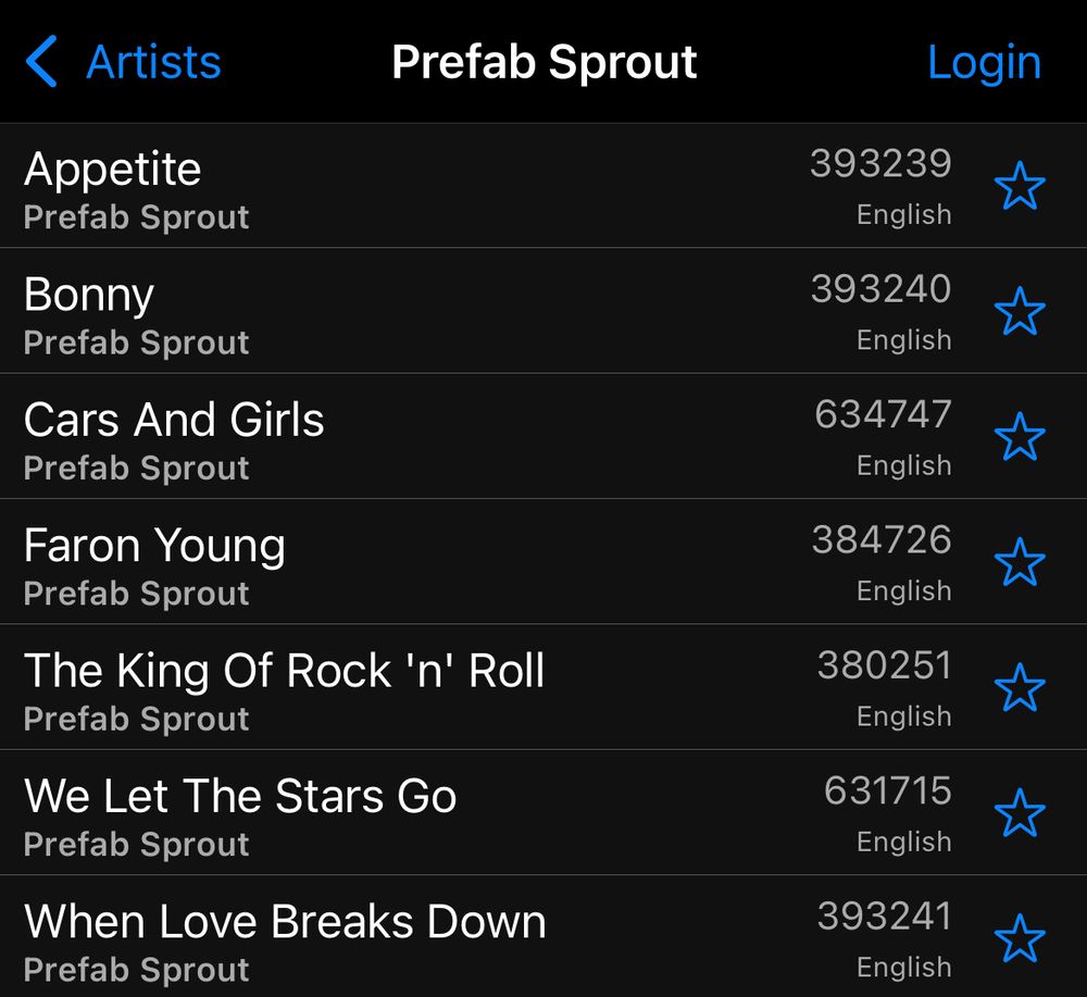 Screenshot of a karaoke app listing tracks from Prefab Sprout.