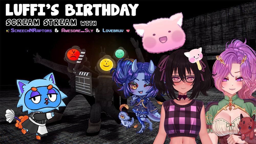 Luffi is streaming content warning with the vtuber fam on twitch for their birthday!! Kurai, Sly, and maid Bruv! 