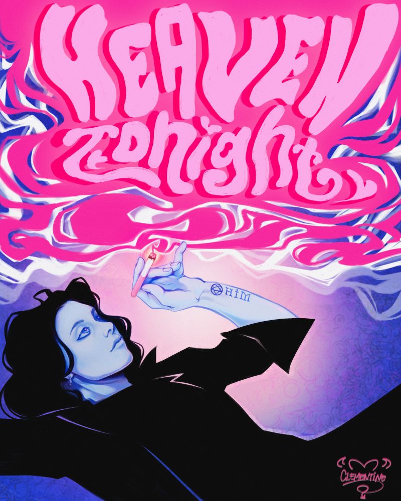 Pink and blue poster of Ville Vallo from the gothic rock band HIM