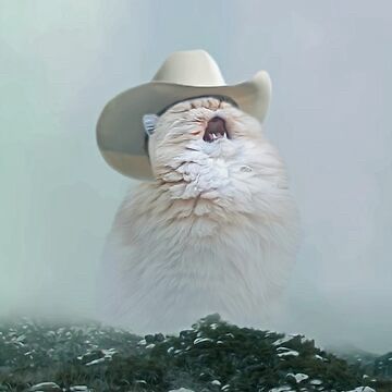 A white cat with its mouth open and eyes closed, looking like it’s belching some cranberries. Also it’s wearing a cowboy had