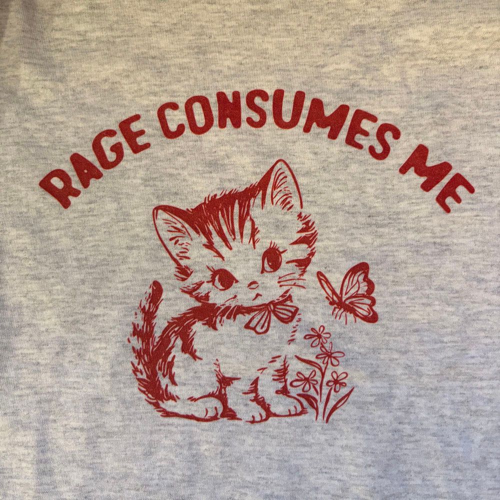 A t shirt with a cute kitten eyeing a butterfly and the words “rage consumes me”