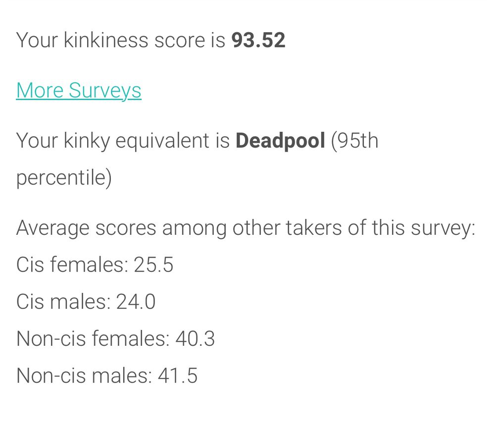 Your kinkiness score is 93.52 — equivalent is Deadpool (95th percentile)