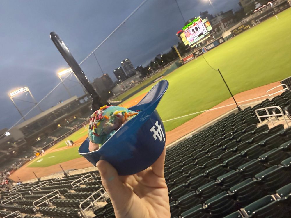 An LA Dodgers helmet filled with rainbow sherbet. Why is this in Alabama? Got me. 