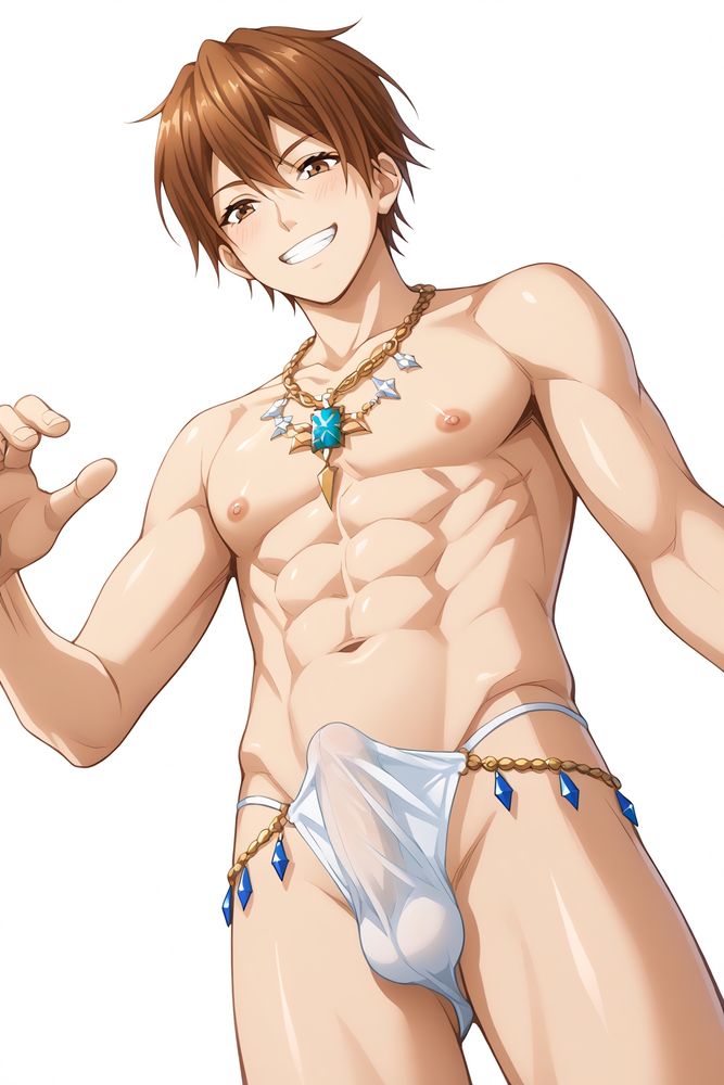 Sora_Ohara,Brown hair,Brown eyes, naked,NAKED JEWELRY, thong_bikini,erection under clothes, bottom view, smiling