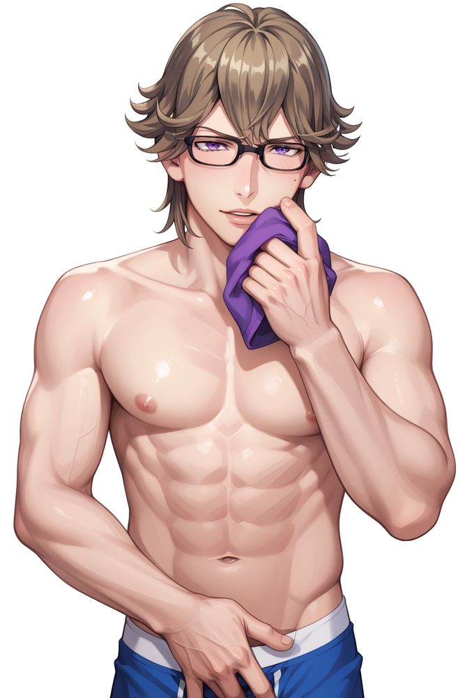 Eiichi_Otori,Brown hair,Purple eyes,Mole under lips,Glasses, naked, sm3llm4sturb4t10n, boxer briefs, male masturbation