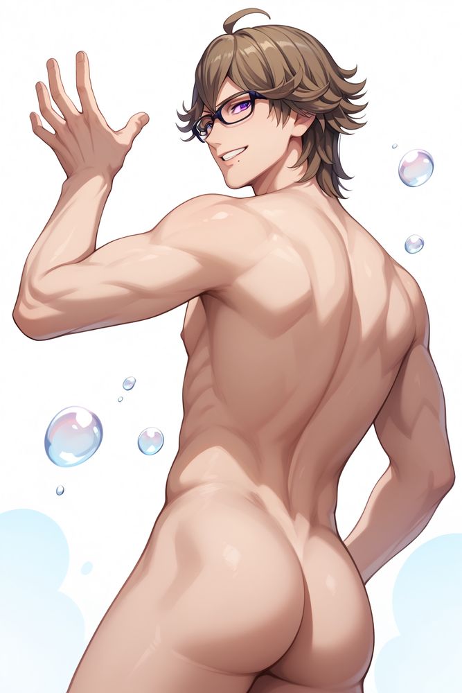 Eiichi_Otori,Brown hair,Purple eyes,Mole under lips,Glasses, naked, back view, bottom view, bubble butt, smile,
